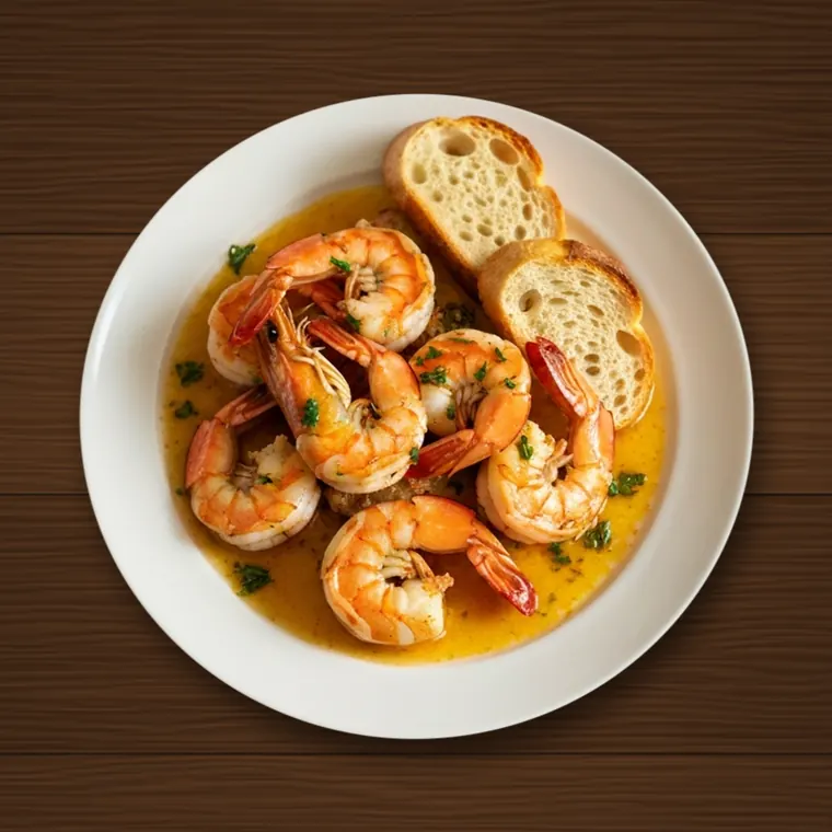 Garlic prawns in butter sauce with crusty bread