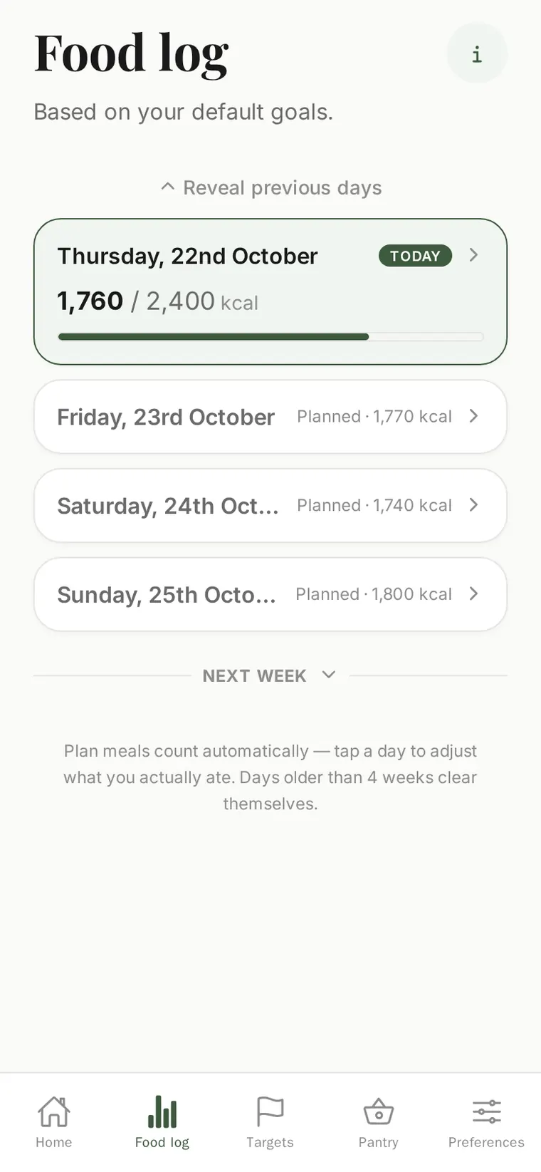 The Food log: today at 1,760 of 2,400 kcal from plan meals, with the next days marked Planned.