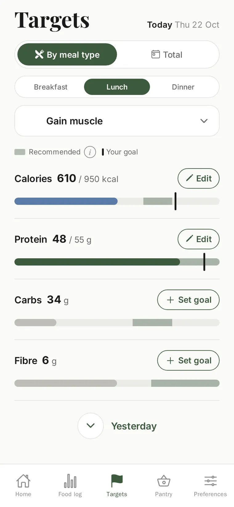 The Targets screen for lunch on a Gain muscle goal: calories 610 of 950 kcal and protein 48 of 55 g have goals set; carbs and fibre show Set goal because they are switched off.